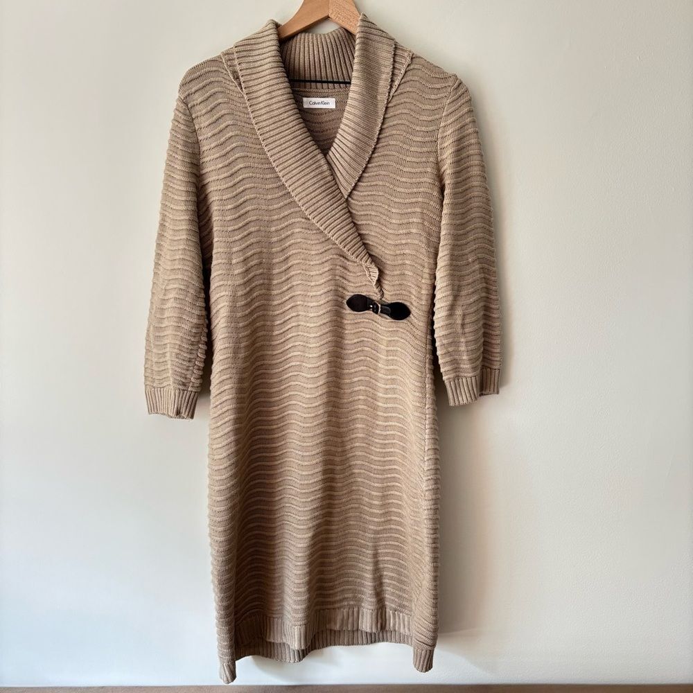 Calvin Klein Large Beige Shawl Collar Knit Sweater Dress